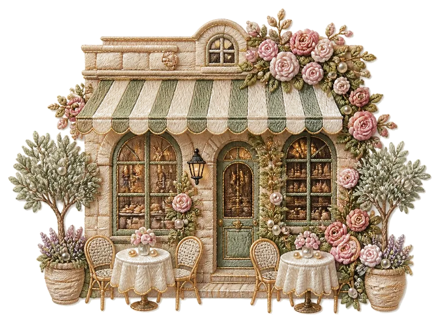 Embroidered café with a striped awning and a garden terrace