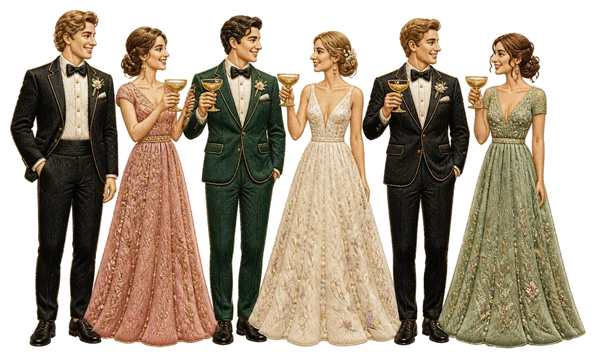 Six guests in black tie raising a toast